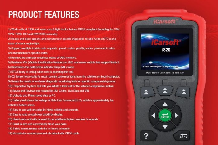 iCarsoft i820 OBDII/EOBD CAN Car Diagnostic Tool Features