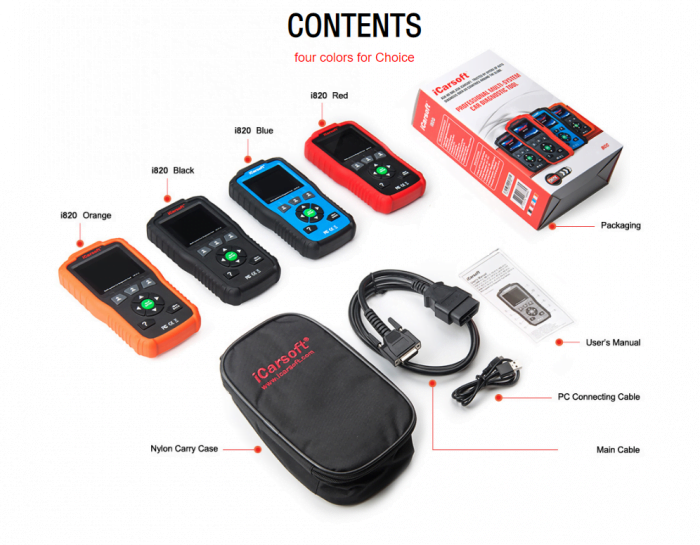 iCarsoft i820 OBDII/EOBD CAN Car Diagnostic Tool Contents