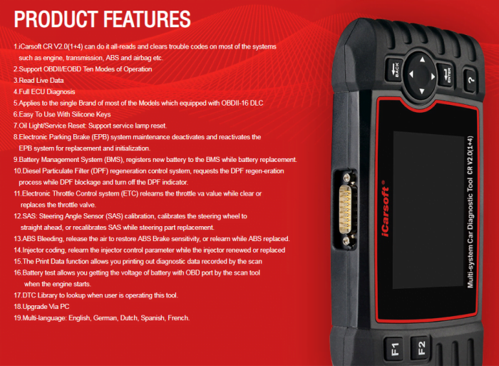 iCARSOFT CR V2.0 1+4 Product Features
