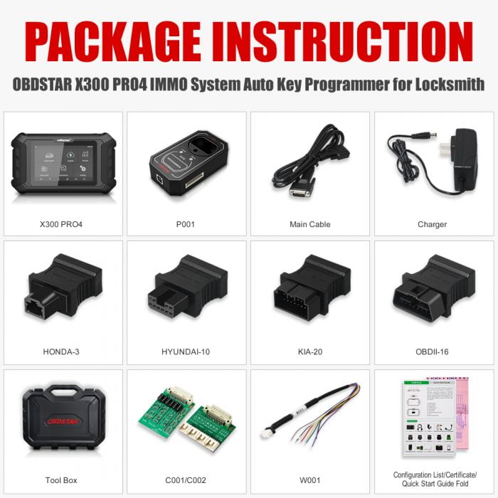 OBSDTAR X300 PRO4 IMMO Key Programmer Package List