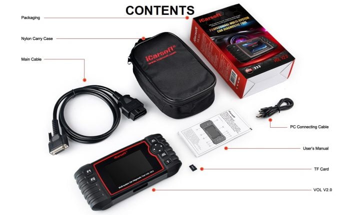 iCarsoft Vol V2.0 Professional Multi-System Auto Diagnostic Tool Package List