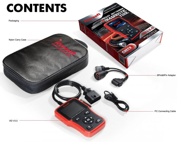 iCarsoft HD V3.0 Heavy Duty & OBDII Diagnostic Tool Package List