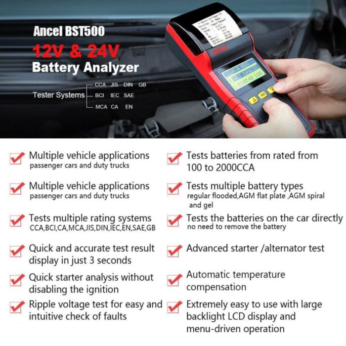 Ancel BST500 12V / 24V Battery Tester Analyzer With Build-in Printer