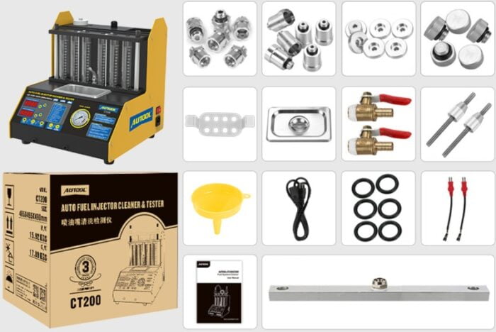 Autool CT200 Ultrasonic 6 Cylinder Fuel Injector Cleaner & Tester Package List