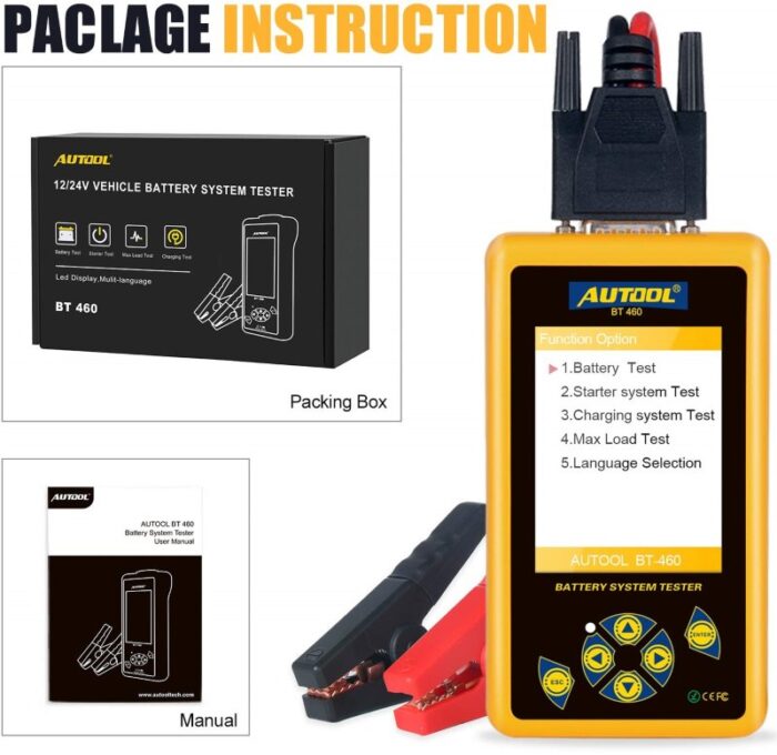 Autool BT460 Car Battery Tester for 12V and 24V Package List