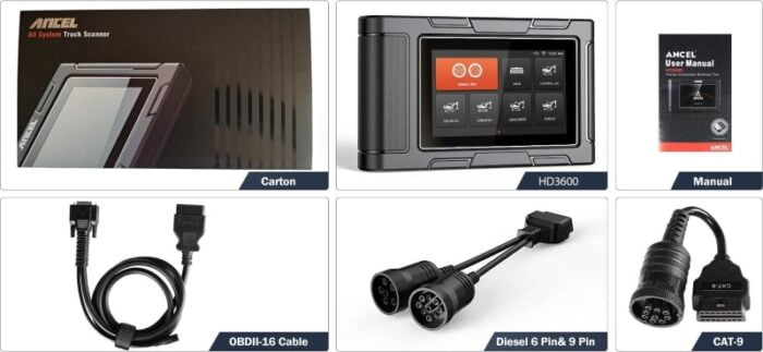 Ancel HD3600 Heavy Duty Truck Full System Scanner Package List